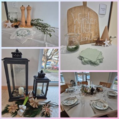 „Collage aus fünf Fotos mit winterlicher Tischdekoration: rustikale Holz- und Papiersterne, botanisch bedruckte Servietten, grüne Zweige, La